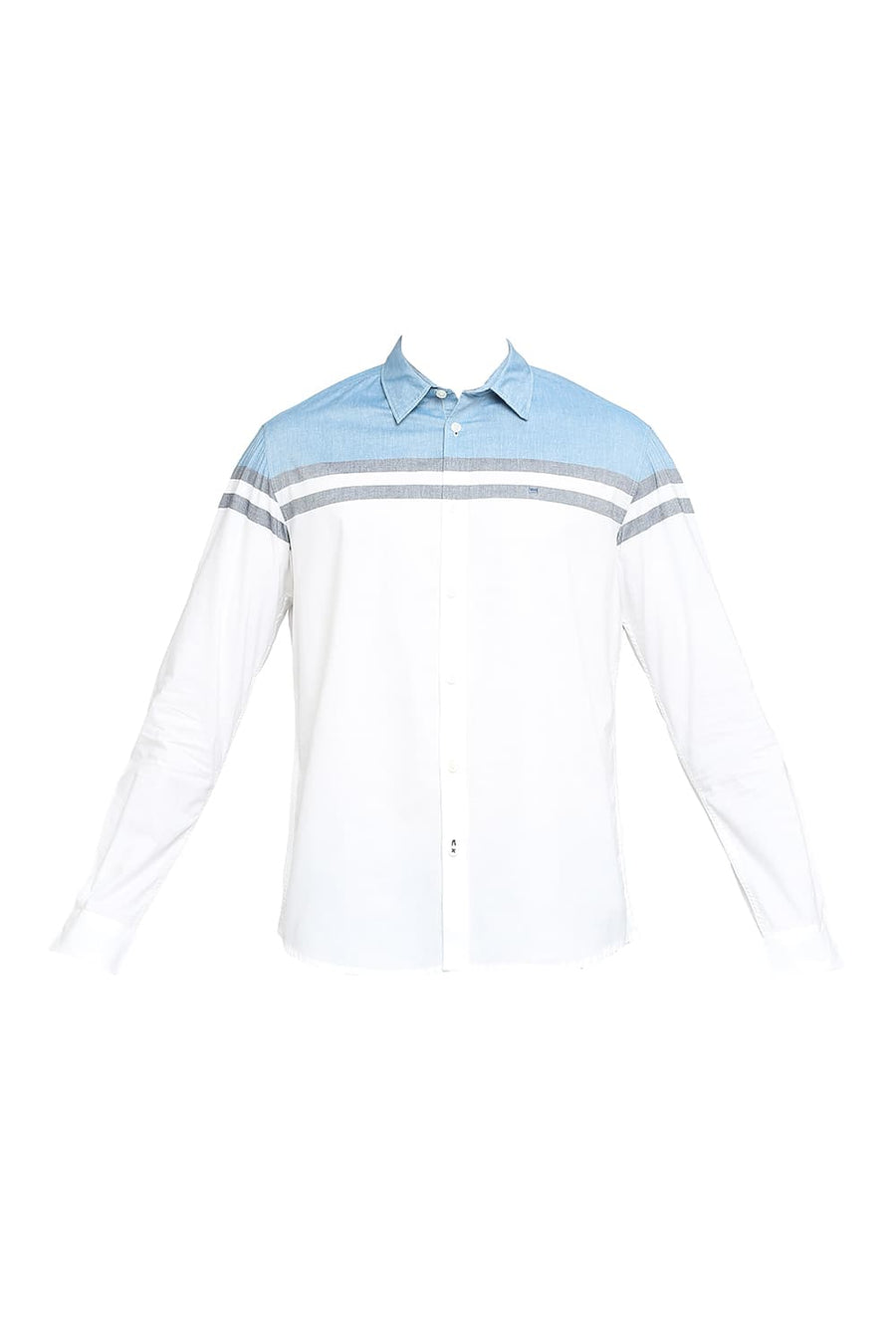 BASICS SLIM FIT FAIENCE BLUE COTTON OXFORD WEFT ENGINEERING STRIPE SHIRT