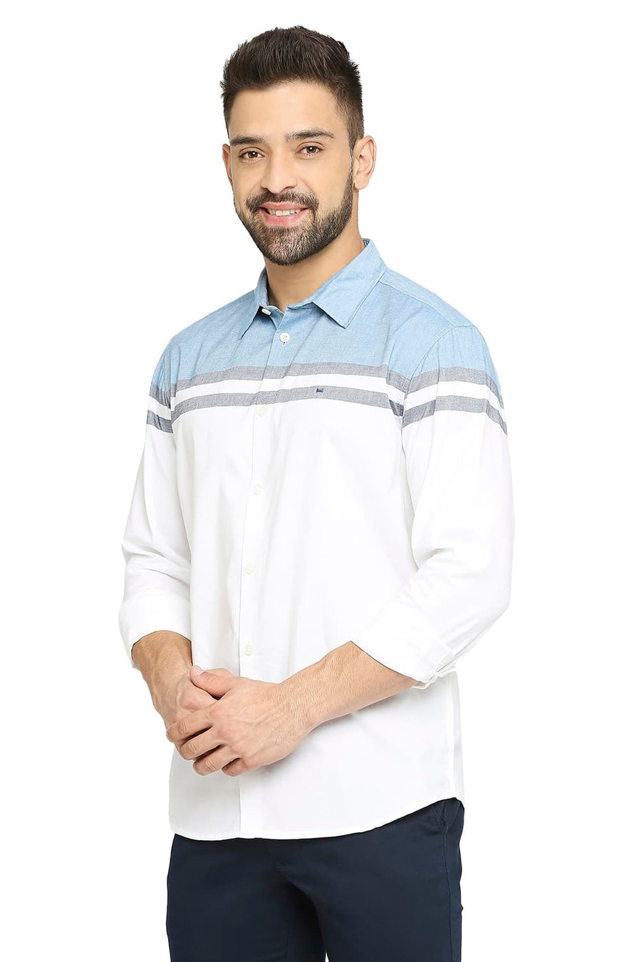 BASICS SLIM FIT FAIENCE BLUE COTTON OXFORD WEFT ENGINEERING STRIPE SHIRT