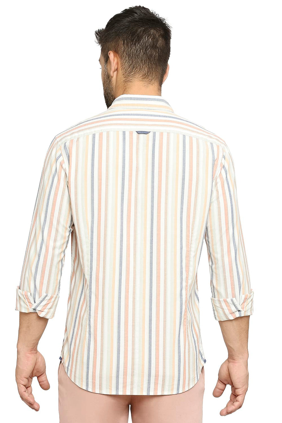 BASICS SLIM FIT BLAZING ORANGE COTTON OXFORD STRIPE SHIRT