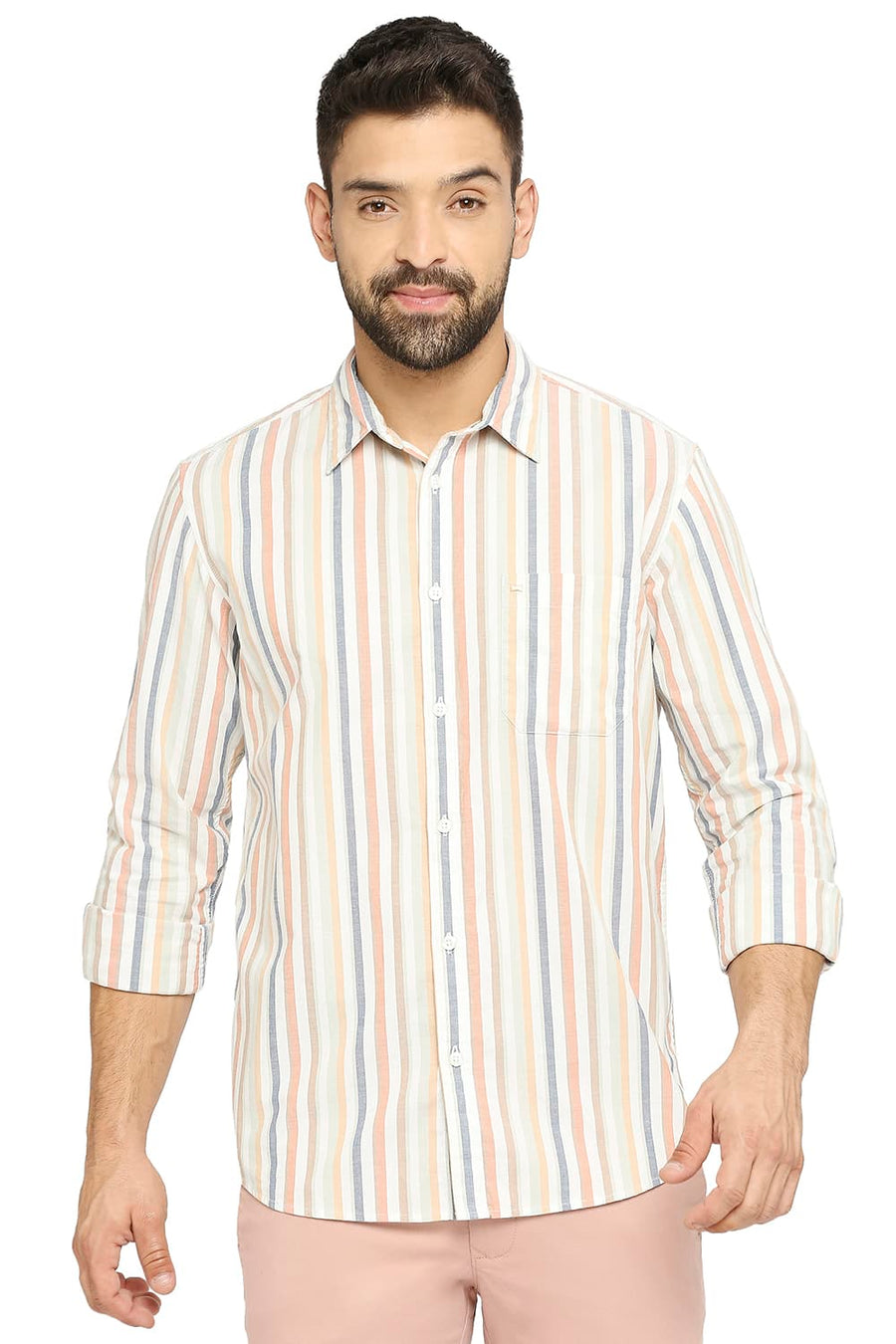 BASICS SLIM FIT BLAZING ORANGE COTTON OXFORD STRIPE SHIRT