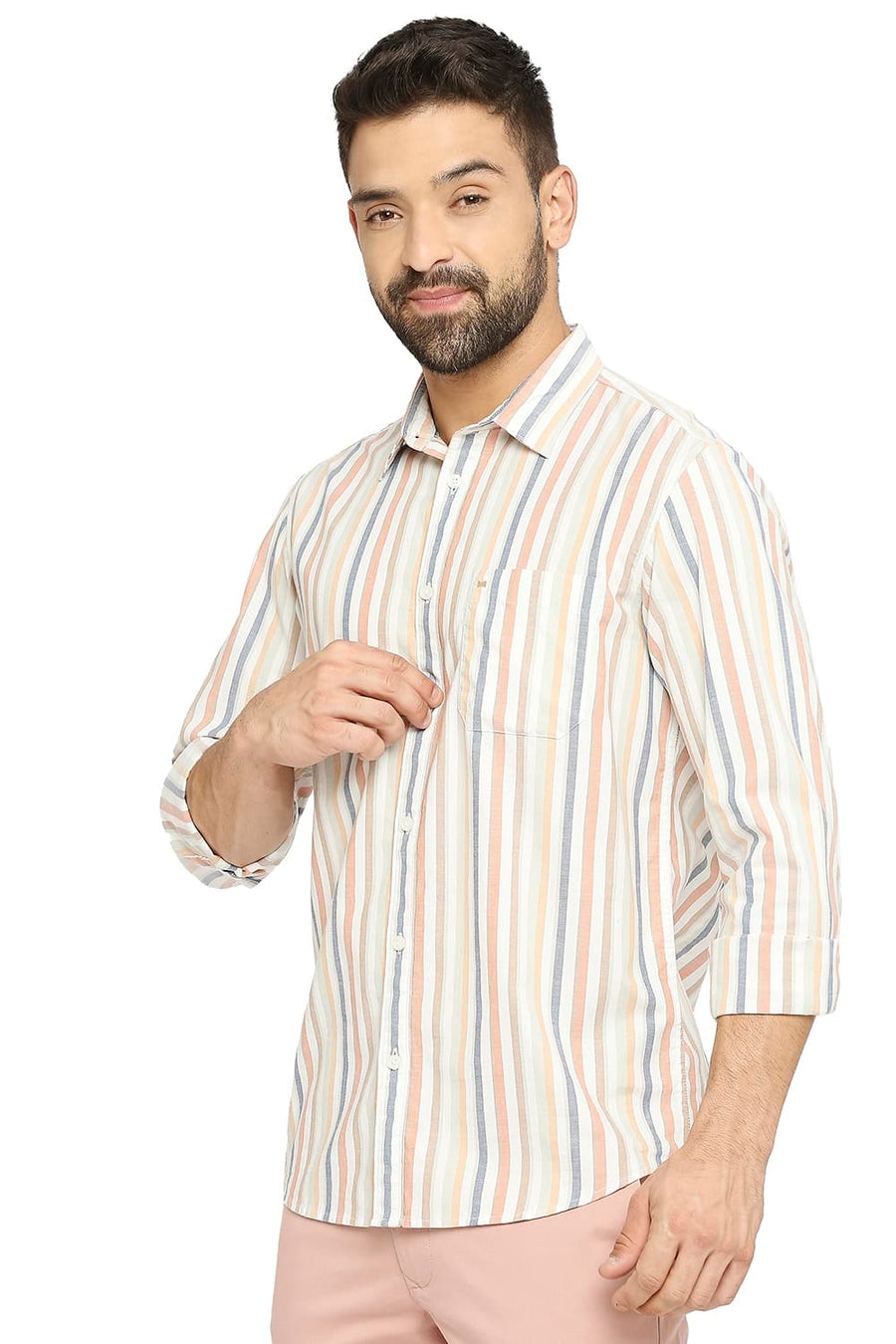 BASICS SLIM FIT BLAZING ORANGE COTTON OXFORD STRIPE SHIRT