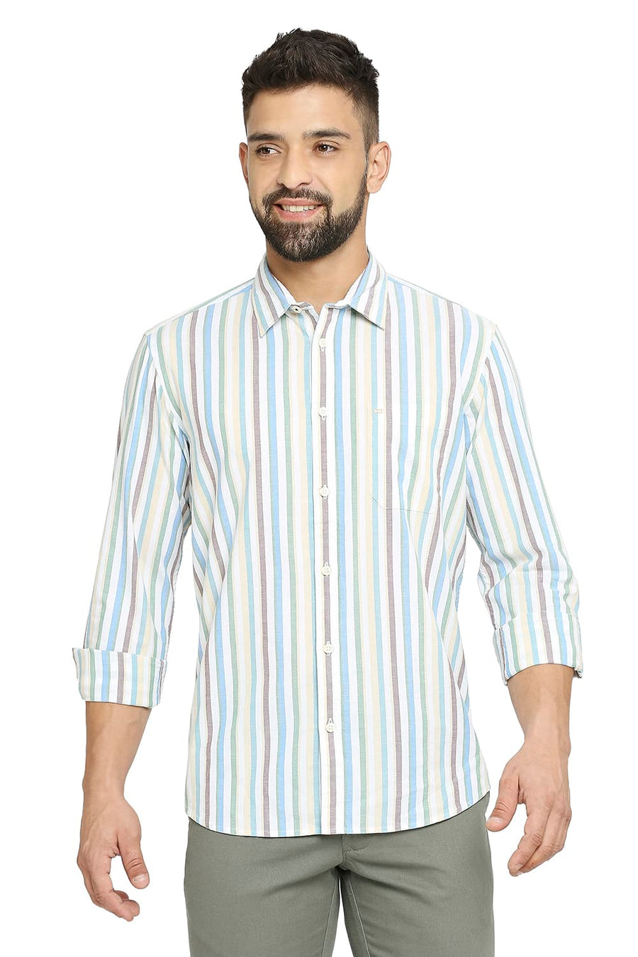 BASICS SLIM FIT WINTER SKY BLUE COTTON OXFORD STRIPE SHIRT