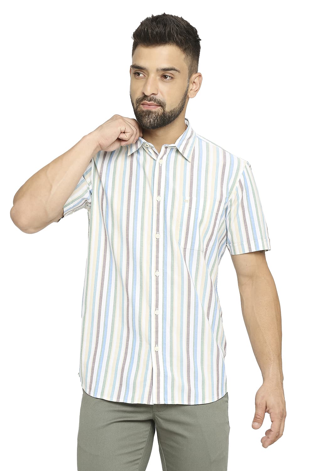 BASICS SLIM FIT COTTON OXFORD STRIPE HALFSLEEVES SHIRT