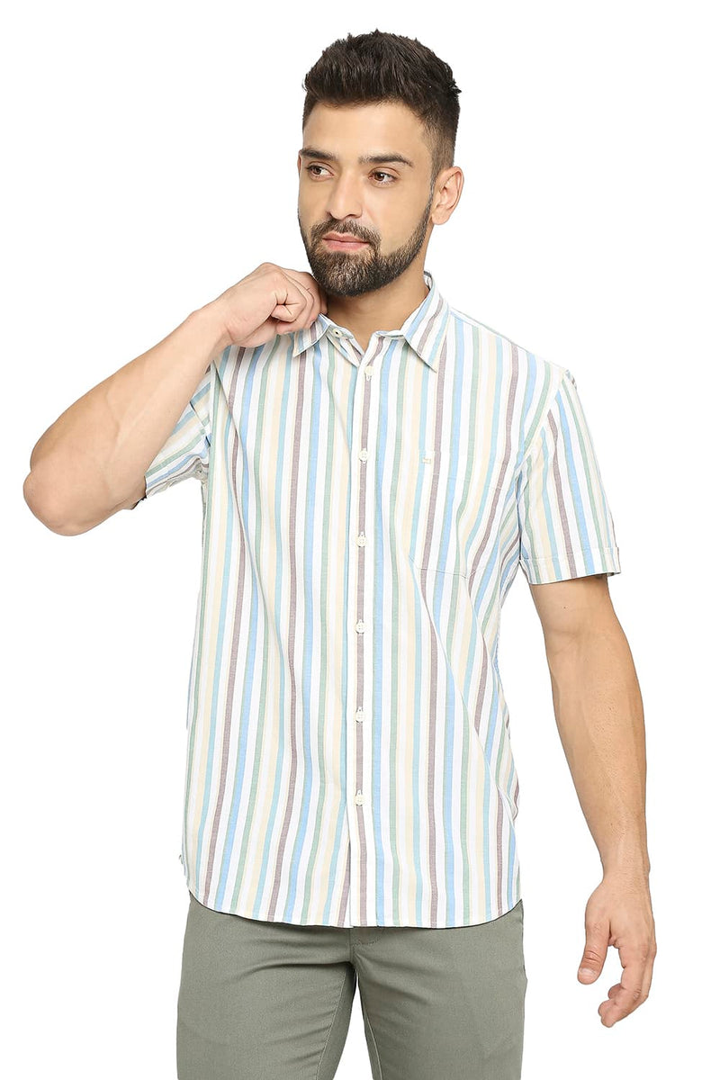 BASICS SLIM FIT COTTON OXFORD STRIPE HALFSLEEVES SHIRT