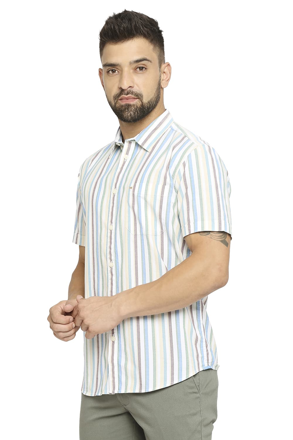 BASICS SLIM FIT COTTON OXFORD STRIPE HALFSLEEVES SHIRT