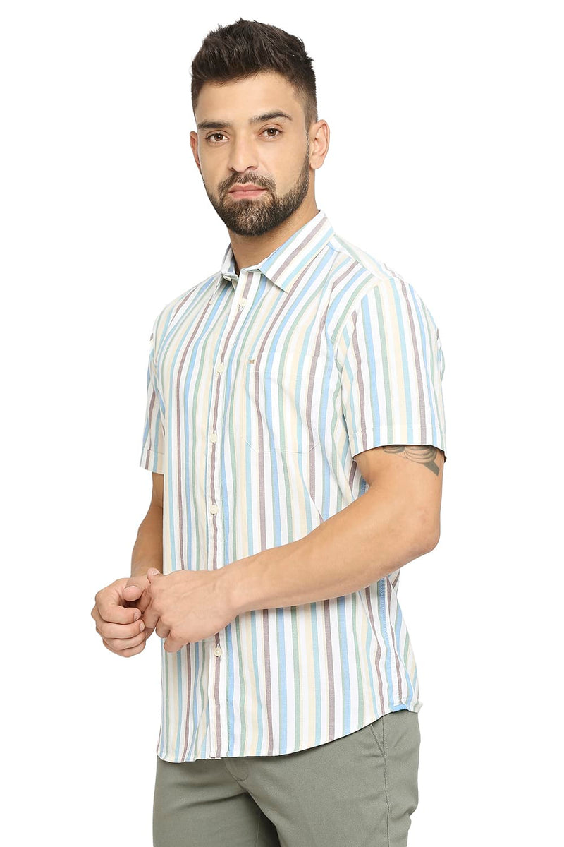 BASICS SLIM FIT COTTON OXFORD STRIPE HALFSLEEVES SHIRT