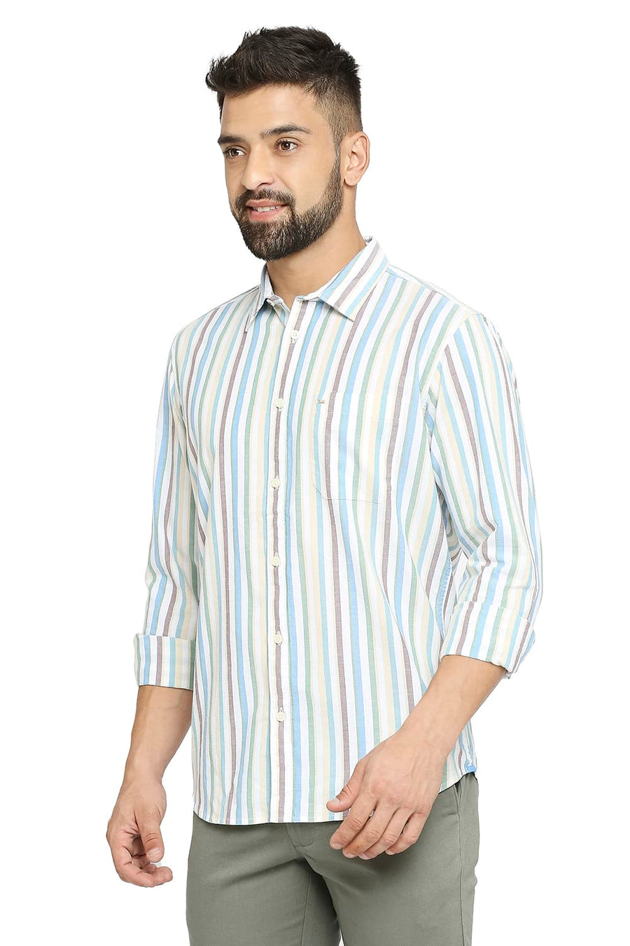 BASICS SLIM FIT WINTER SKY BLUE COTTON OXFORD STRIPE SHIRT