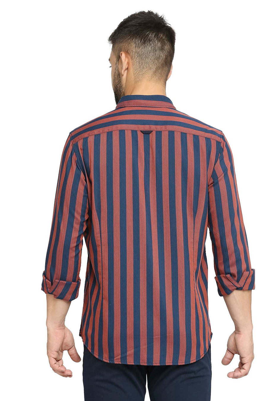 BASICS SLIM FIT TRUE NAVY COTTON POLYESTER TWILL STRIPE SHIRT