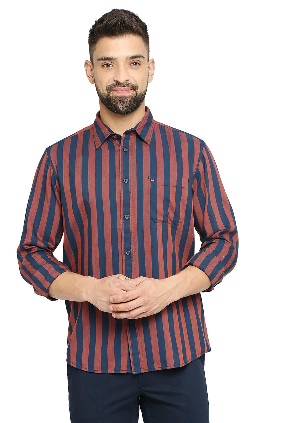 BASICS SLIM FIT TRUE NAVY COTTON POLYESTER TWILL STRIPE SHIRT