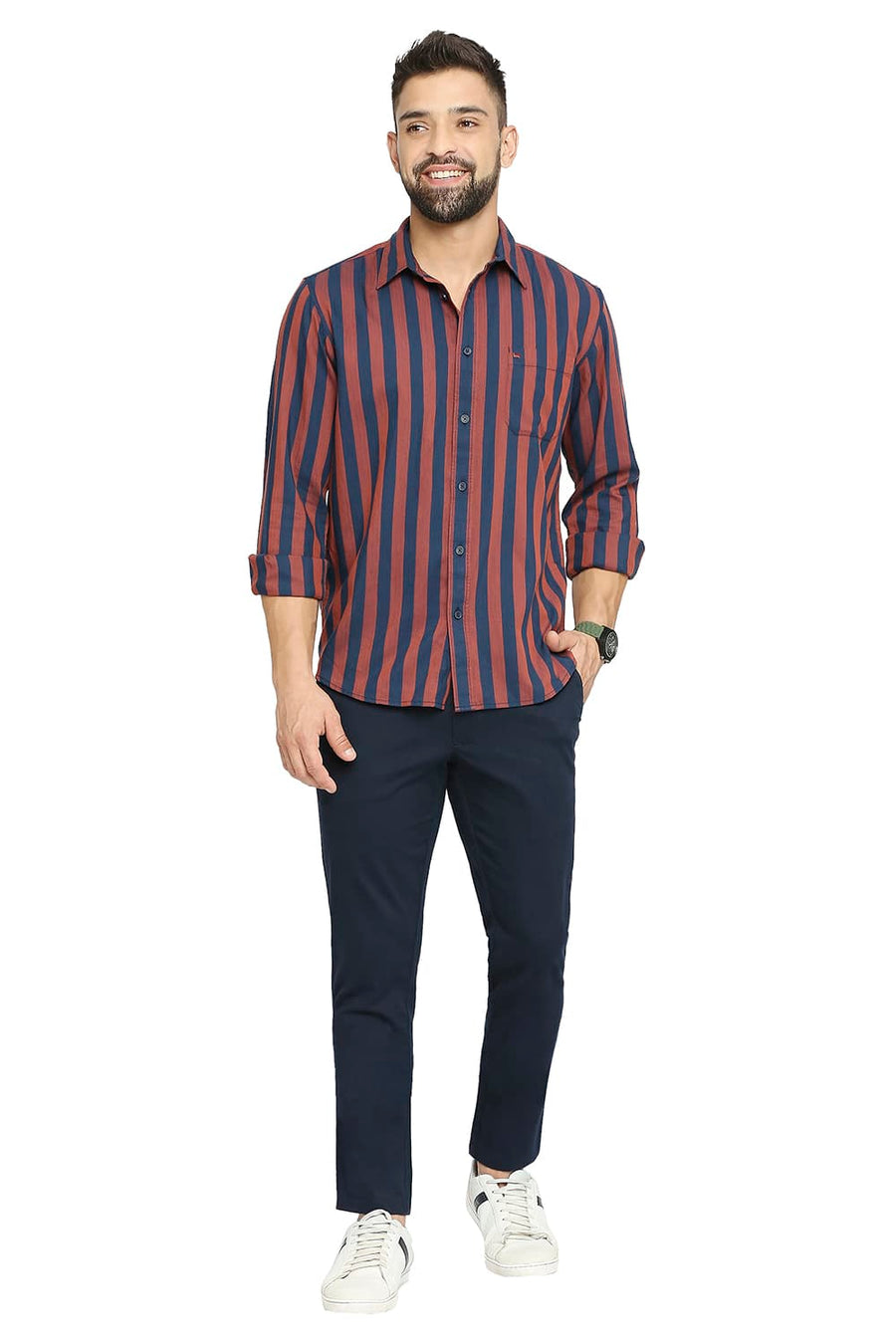 BASICS SLIM FIT TRUE NAVY COTTON POLYESTER TWILL STRIPE SHIRT