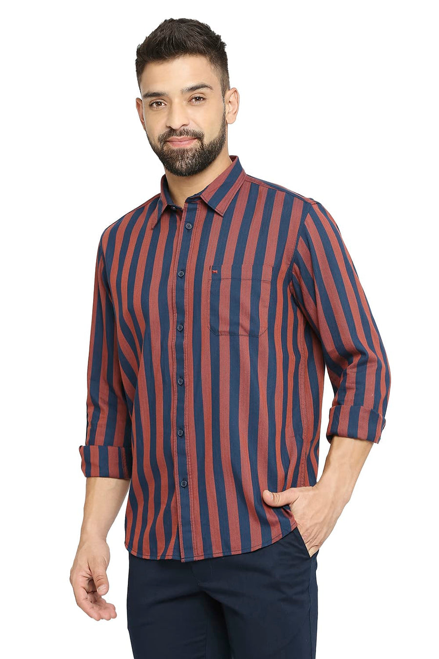 BASICS SLIM FIT TRUE NAVY COTTON POLYESTER TWILL STRIPE SHIRT
