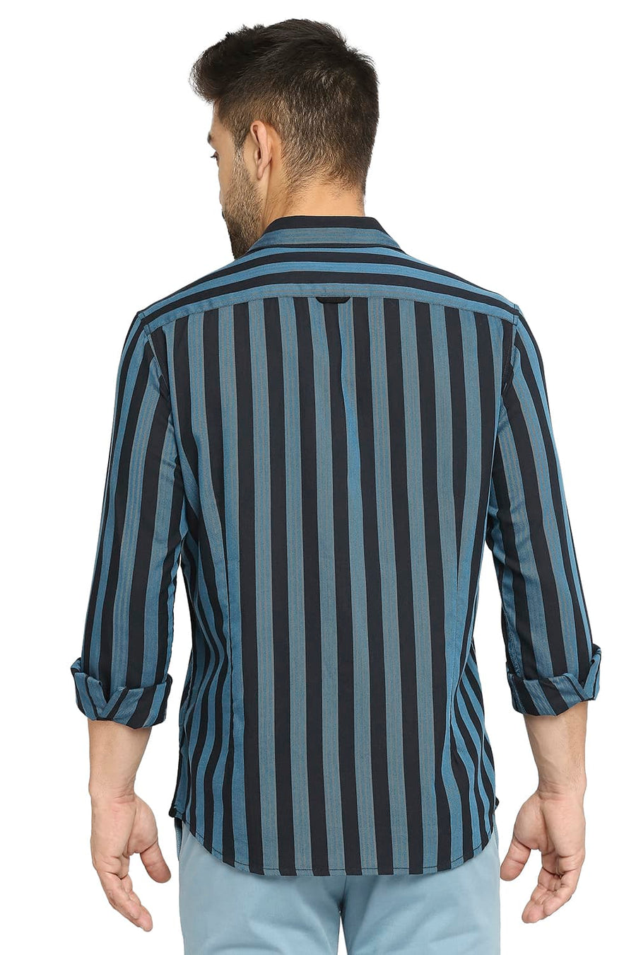 BASICS SLIM FIT PIRATE BLACK COTTON POLYESTER TWILL STRIPE SHIRT