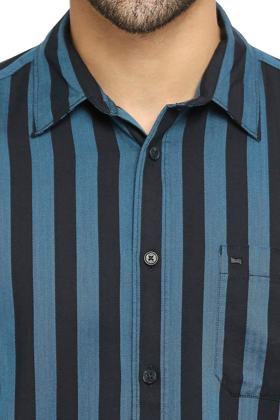 BASICS SLIM FIT PIRATE BLACK COTTON POLYESTER TWILL STRIPE SHIRT