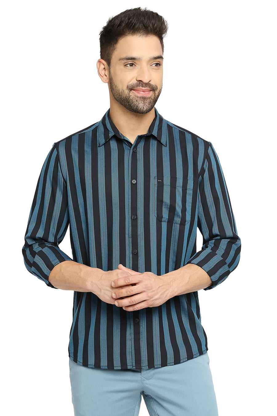 BASICS SLIM FIT PIRATE BLACK COTTON POLYESTER TWILL STRIPE SHIRT