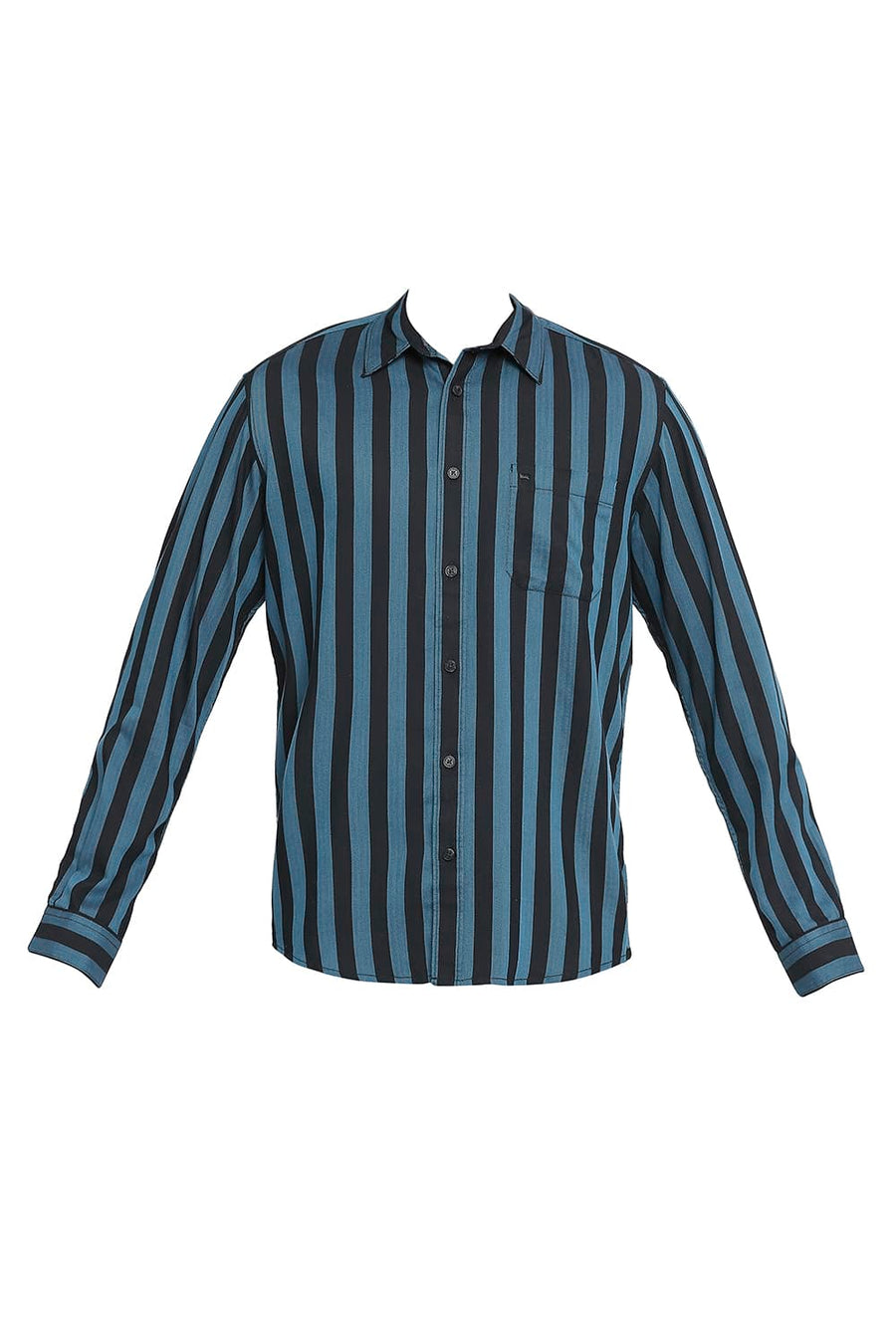 BASICS SLIM FIT PIRATE BLACK COTTON POLYESTER TWILL STRIPE SHIRT