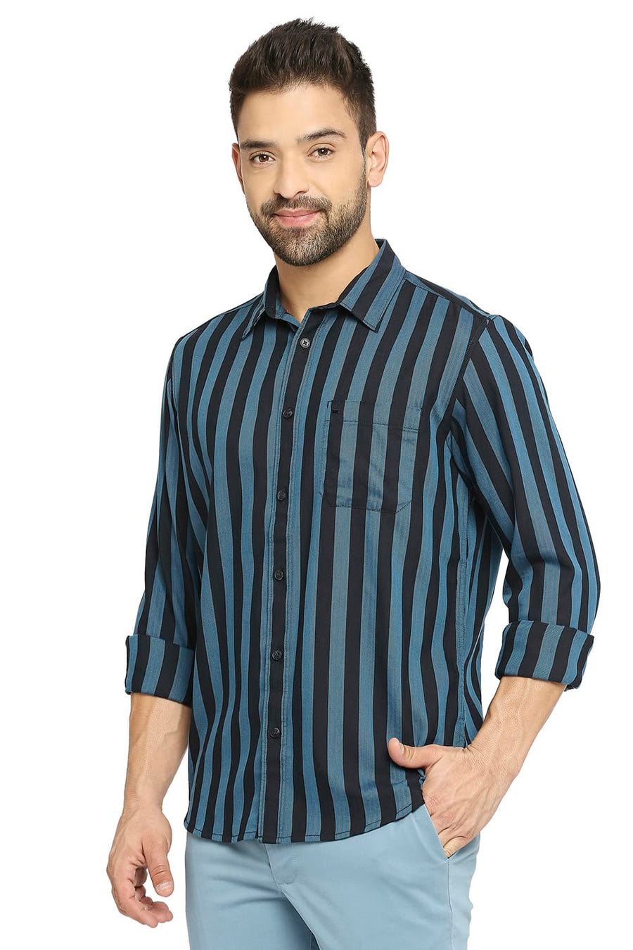 BASICS SLIM FIT PIRATE BLACK COTTON POLYESTER TWILL STRIPE SHIRT