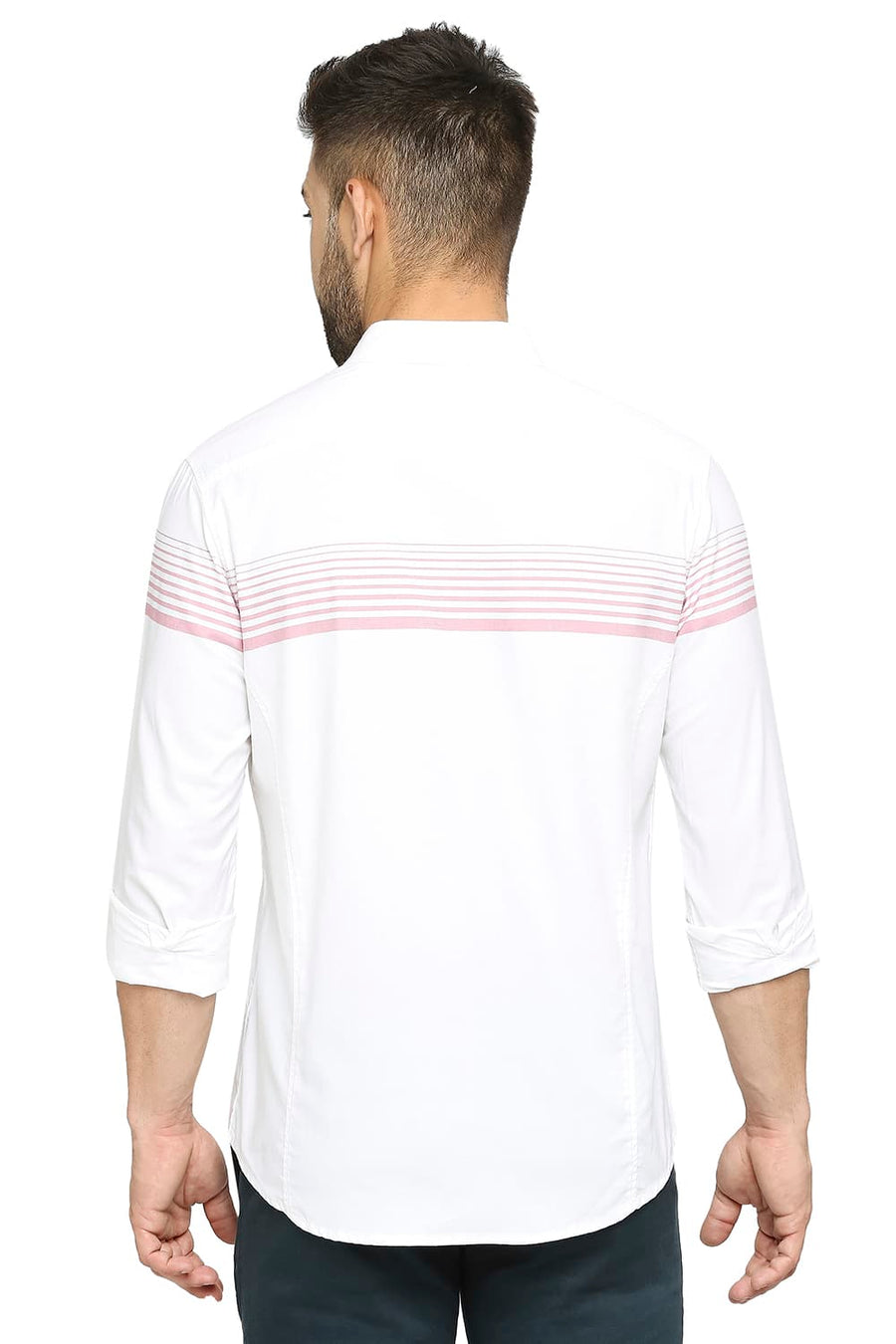 BASICS SLIM FIT PINK MAUVEWOOD COTTON TWILL WEFT ENGINEERING STRIPE SHIRT