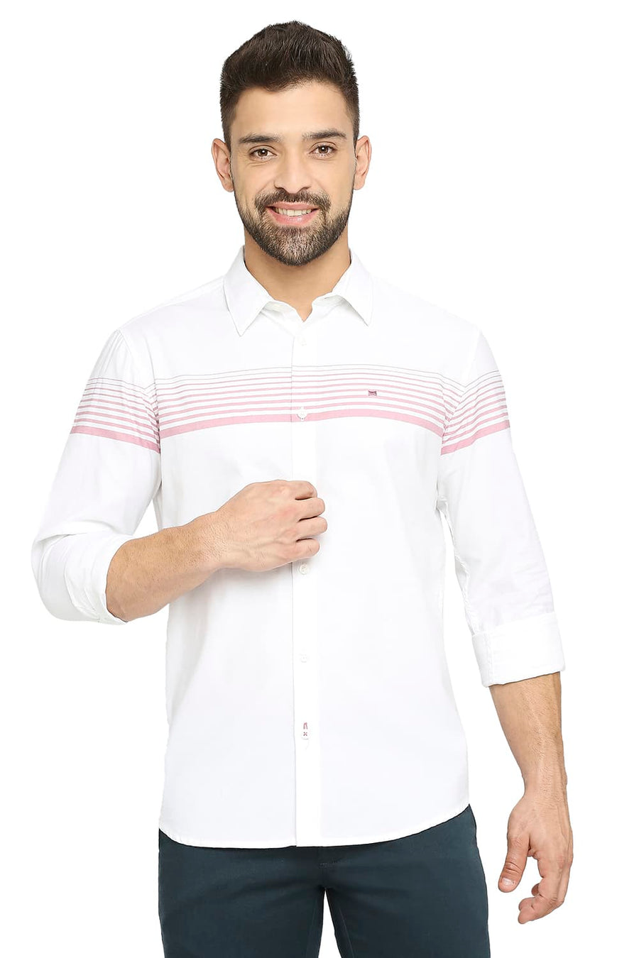 BASICS SLIM FIT PINK MAUVEWOOD COTTON TWILL WEFT ENGINEERING STRIPE SHIRT