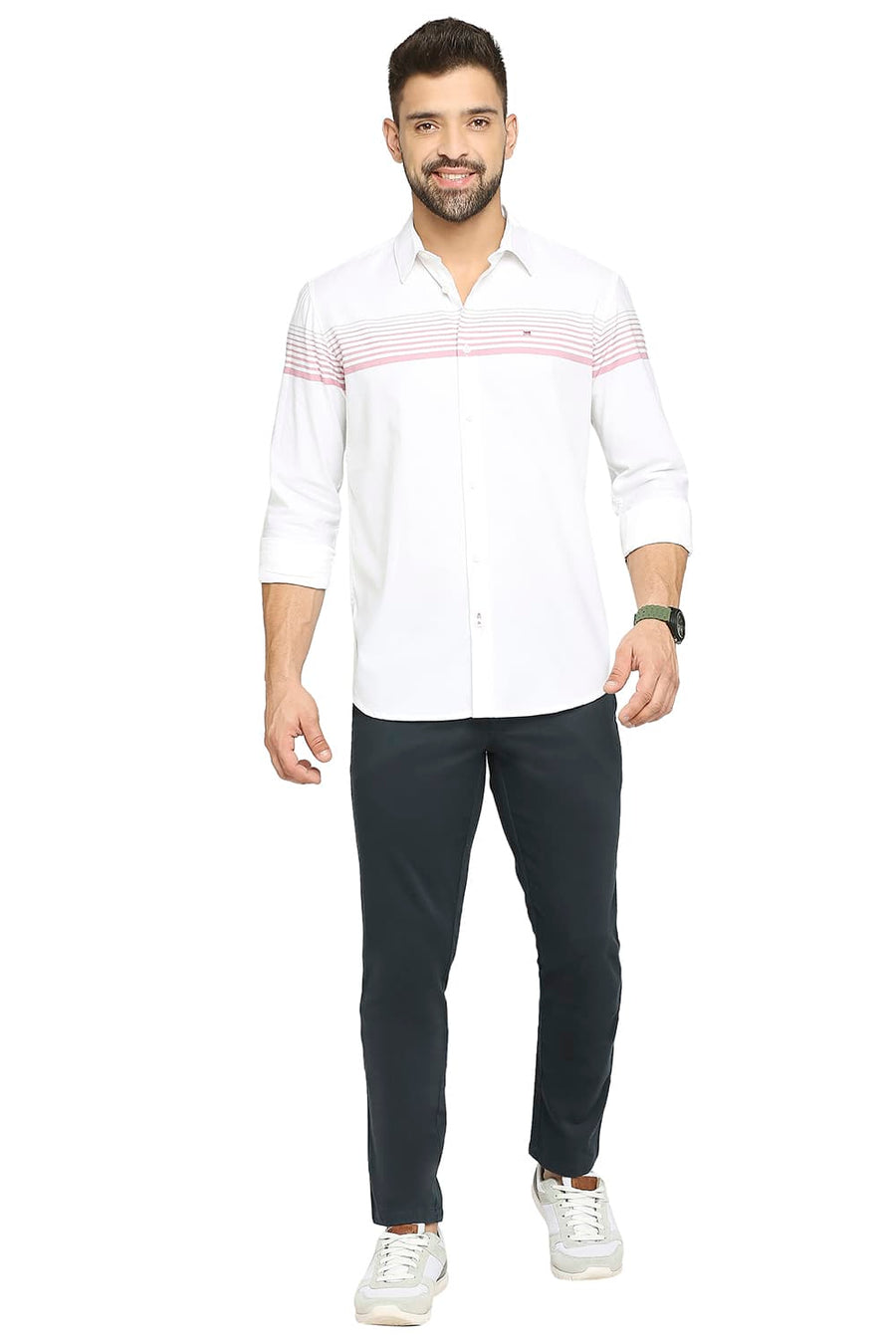 BASICS SLIM FIT PINK MAUVEWOOD COTTON TWILL WEFT ENGINEERING STRIPE SHIRT