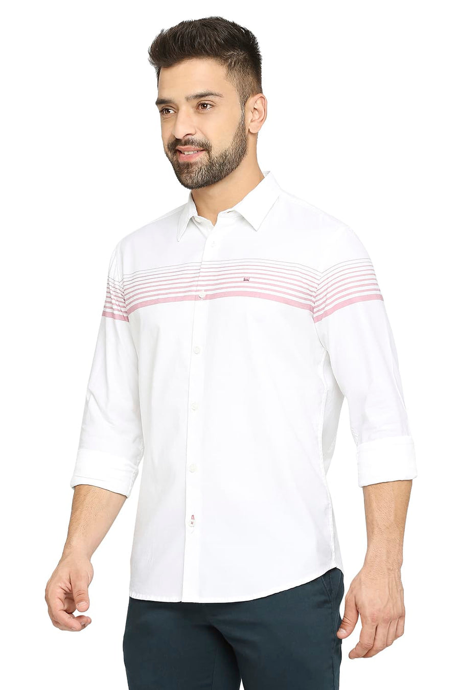 BASICS SLIM FIT PINK MAUVEWOOD COTTON TWILL WEFT ENGINEERING STRIPE SHIRT