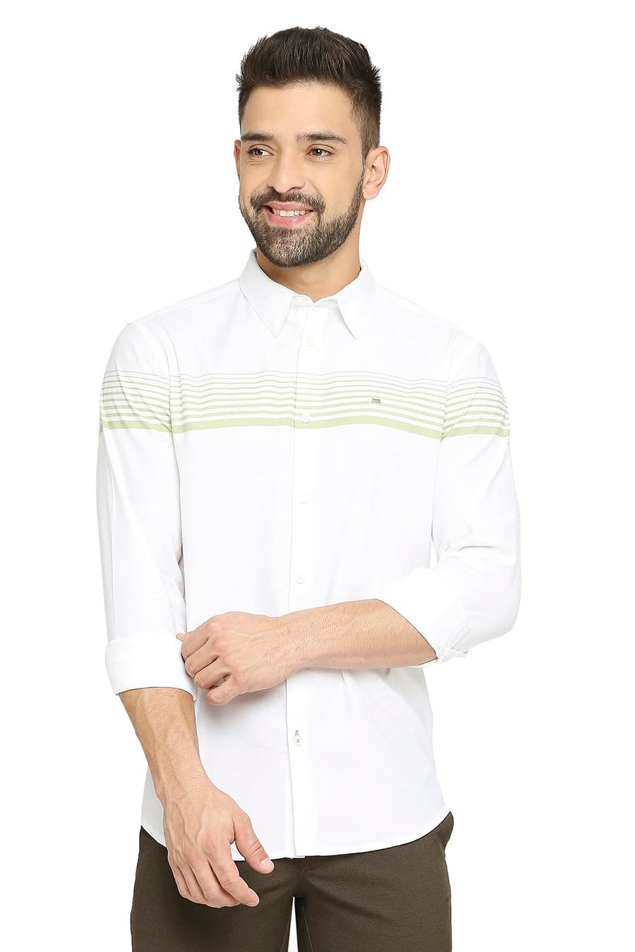BASICS SLIM FIT MARGARITA GREEN COTTON TWILL WEFT ENGINEERING STRIPE SHIRT