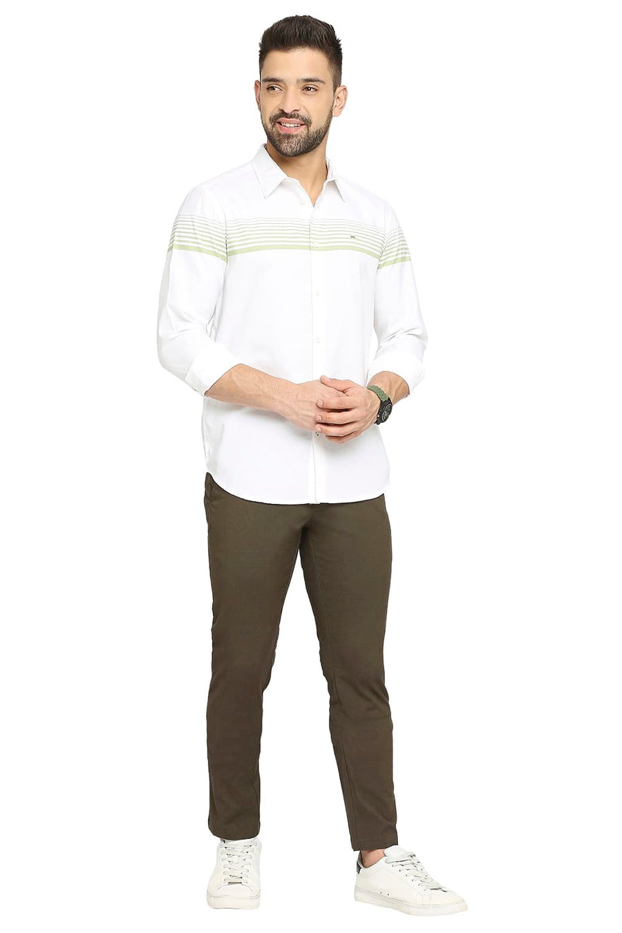 BASICS SLIM FIT MARGARITA GREEN COTTON TWILL WEFT ENGINEERING STRIPE SHIRT