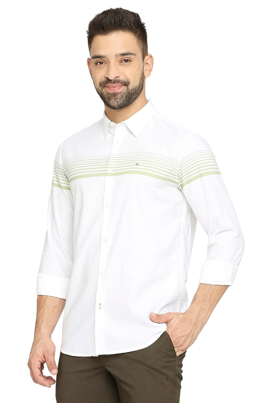 BASICS SLIM FIT MARGARITA GREEN COTTON TWILL WEFT ENGINEERING STRIPE SHIRT