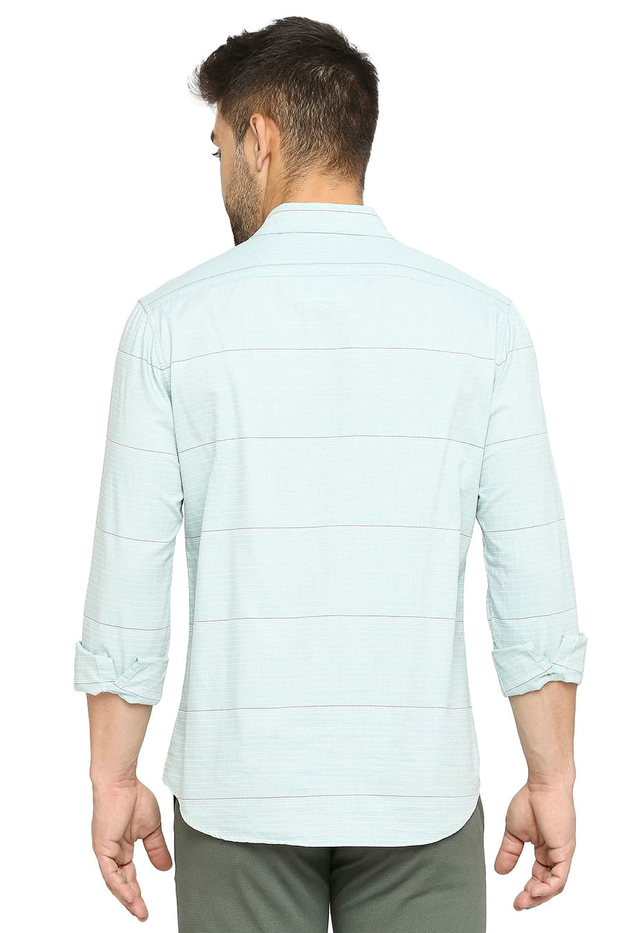 BASICS SLIM FIT NEPTUNE GREEN COTTON TWILL WEFT STRIPE SHIRT