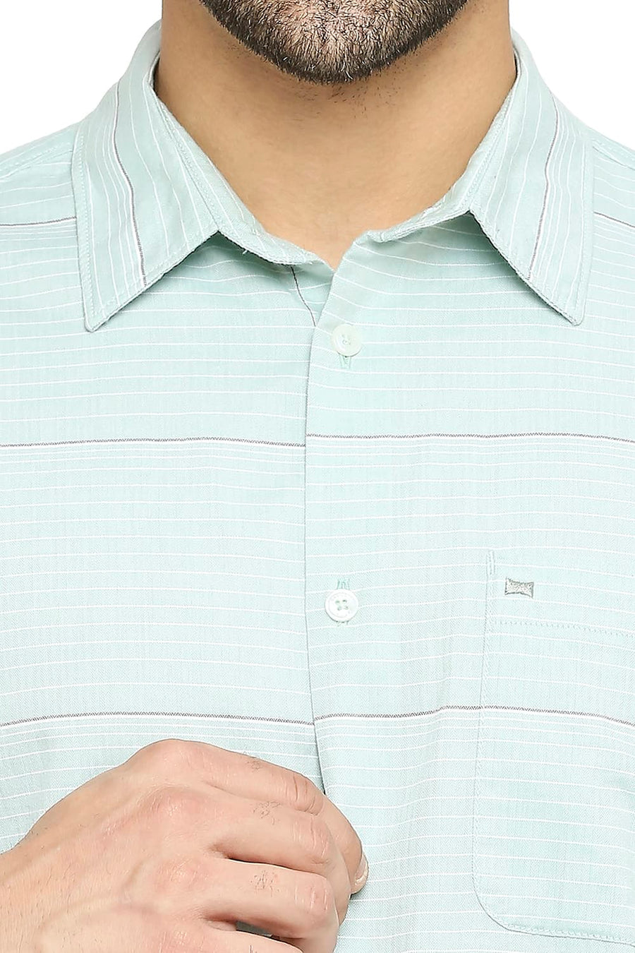 BASICS SLIM FIT NEPTUNE GREEN COTTON TWILL WEFT STRIPE SHIRT