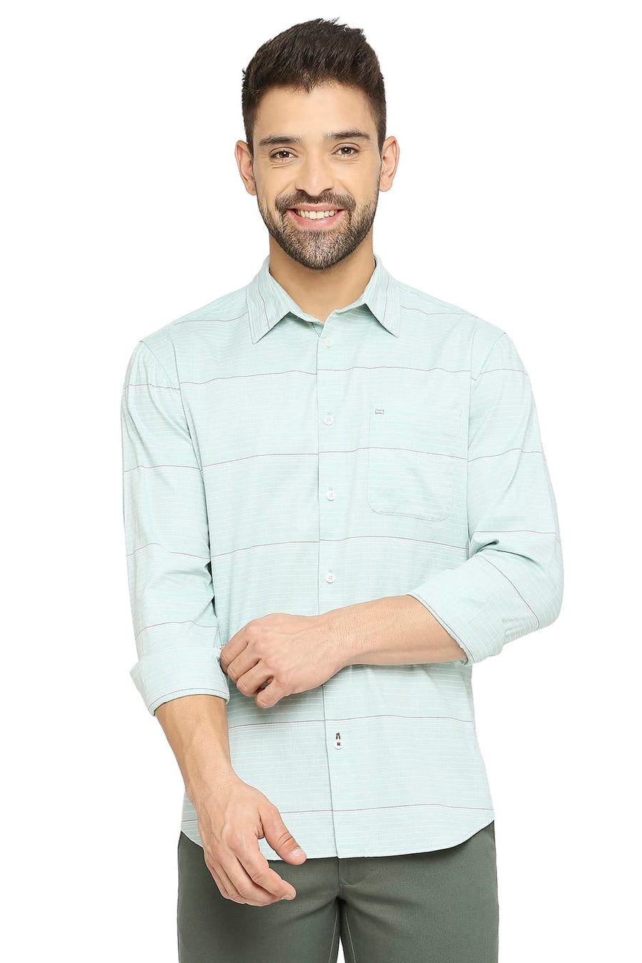 BASICS SLIM FIT NEPTUNE GREEN COTTON TWILL WEFT STRIPE SHIRT