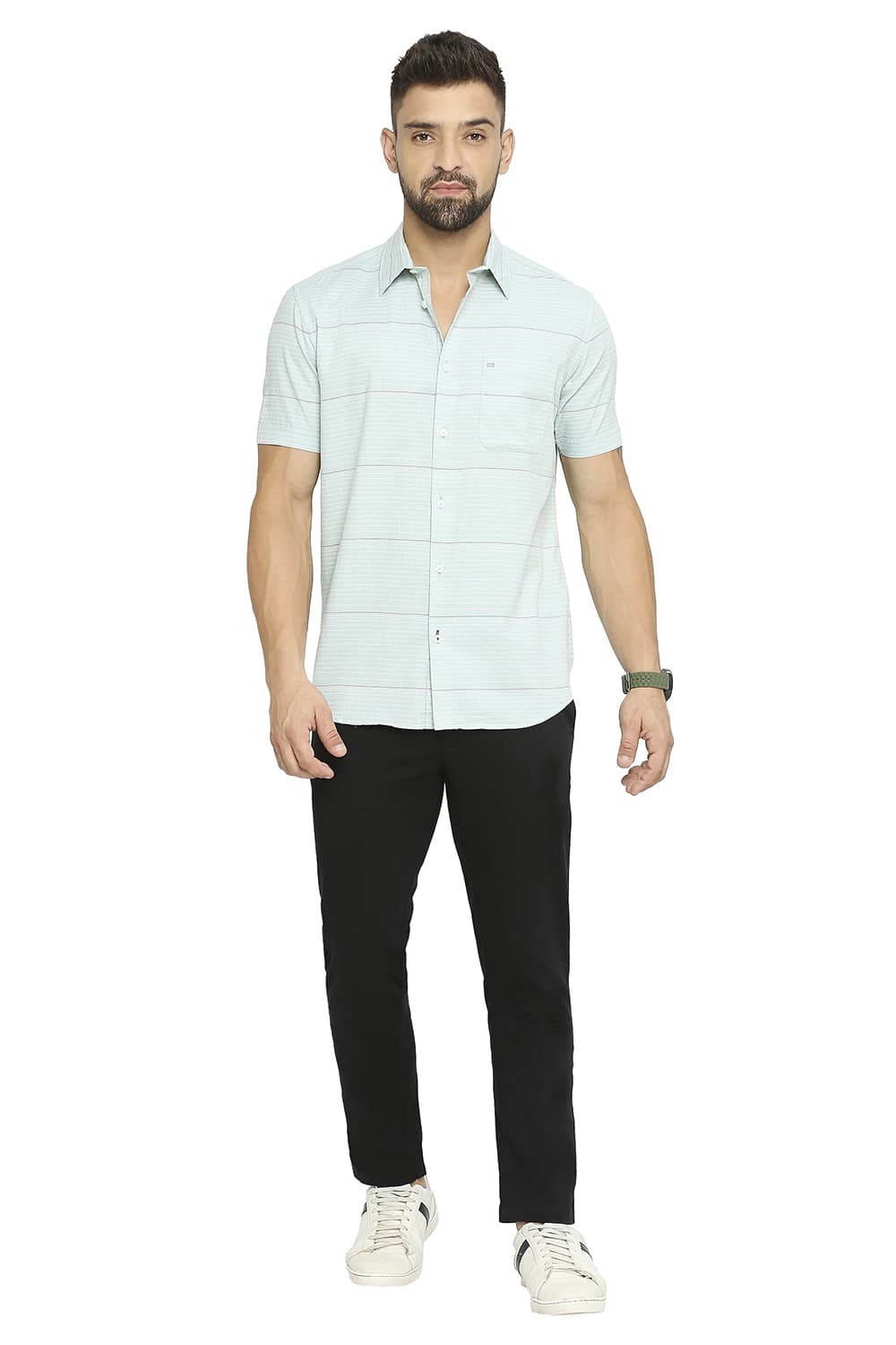 BASICS SLIM FIT COTTON TWILL WEFT STRIPE HALFSLEEVES SHIRT