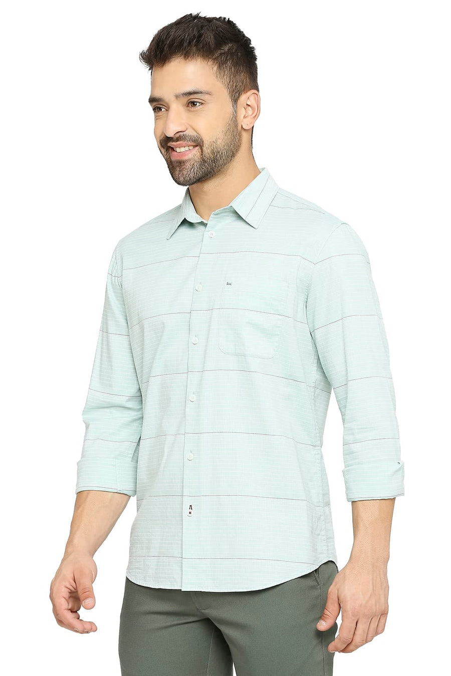 BASICS SLIM FIT NEPTUNE GREEN COTTON TWILL WEFT STRIPE SHIRT