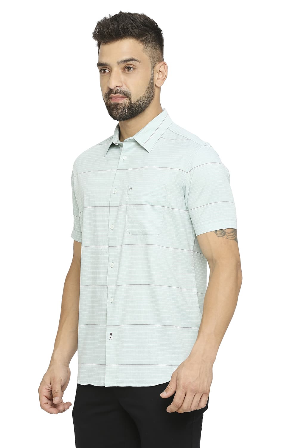 BASICS SLIM FIT COTTON TWILL WEFT STRIPE HALFSLEEVES SHIRT