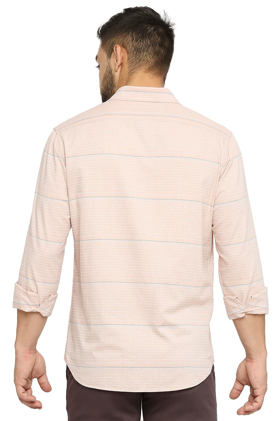 BASICS SLIM FIT RUGBY BROWN COTTON TWILL WEFT STRIPE SHIRT