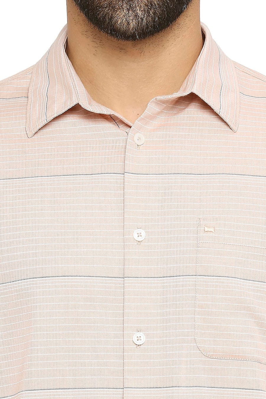 BASICS SLIM FIT RUGBY BROWN COTTON TWILL WEFT STRIPE SHIRT