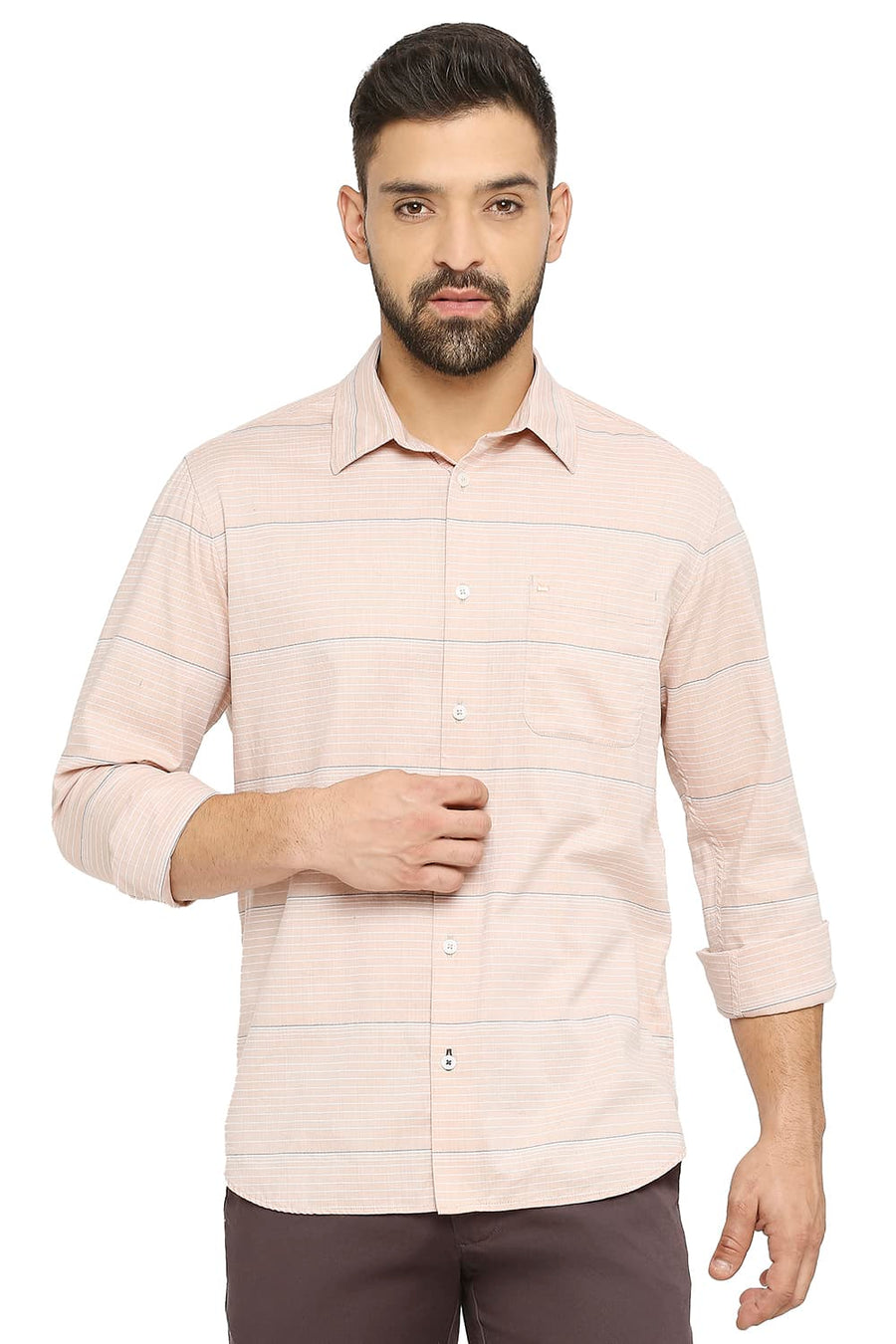 BASICS SLIM FIT RUGBY BROWN COTTON TWILL WEFT STRIPE SHIRT