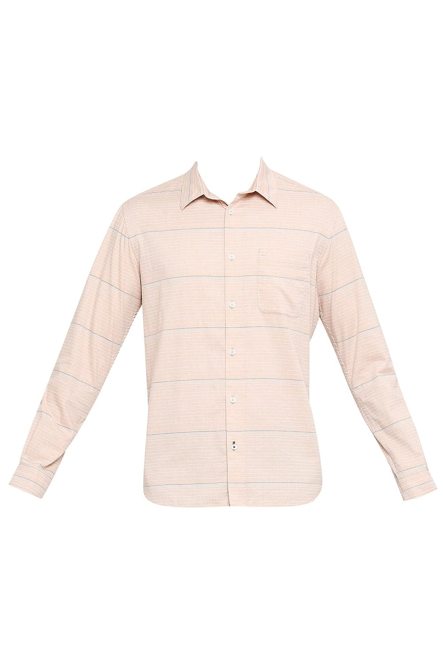 BASICS SLIM FIT RUGBY BROWN COTTON TWILL WEFT STRIPE SHIRT