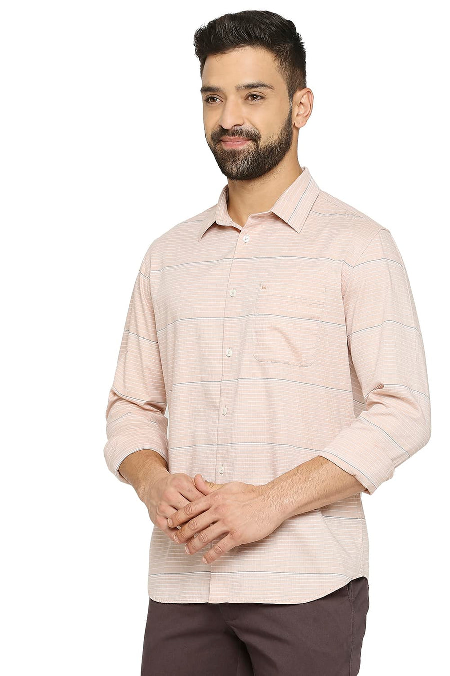 BASICS SLIM FIT RUGBY BROWN COTTON TWILL WEFT STRIPE SHIRT
