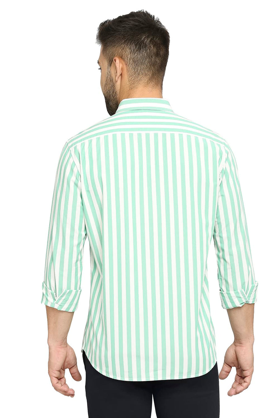 BASICS SLIM FIT CANTON GREEN COTTON STRIPE SHIRT