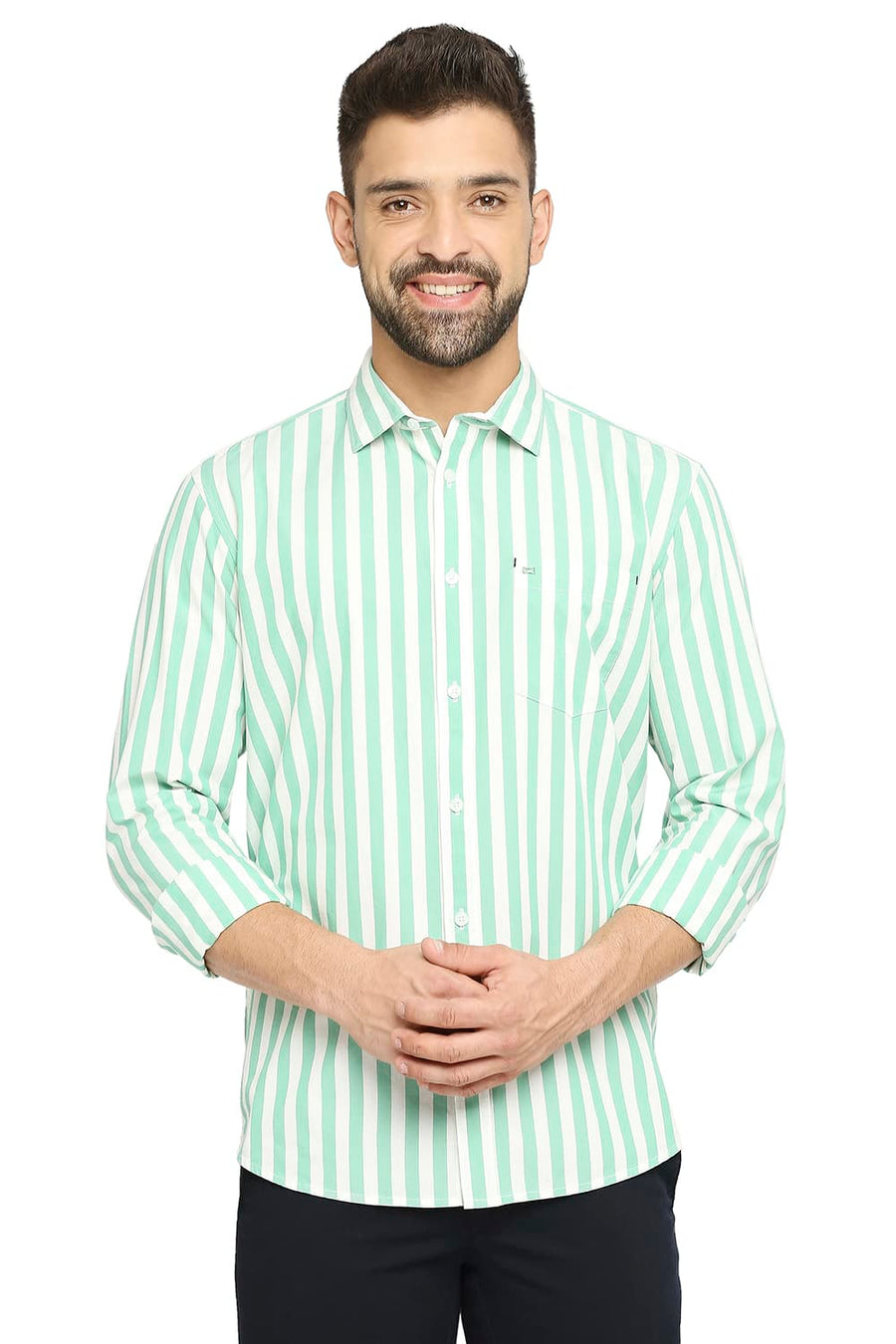 BASICS SLIM FIT CANTON GREEN COTTON STRIPE SHIRT