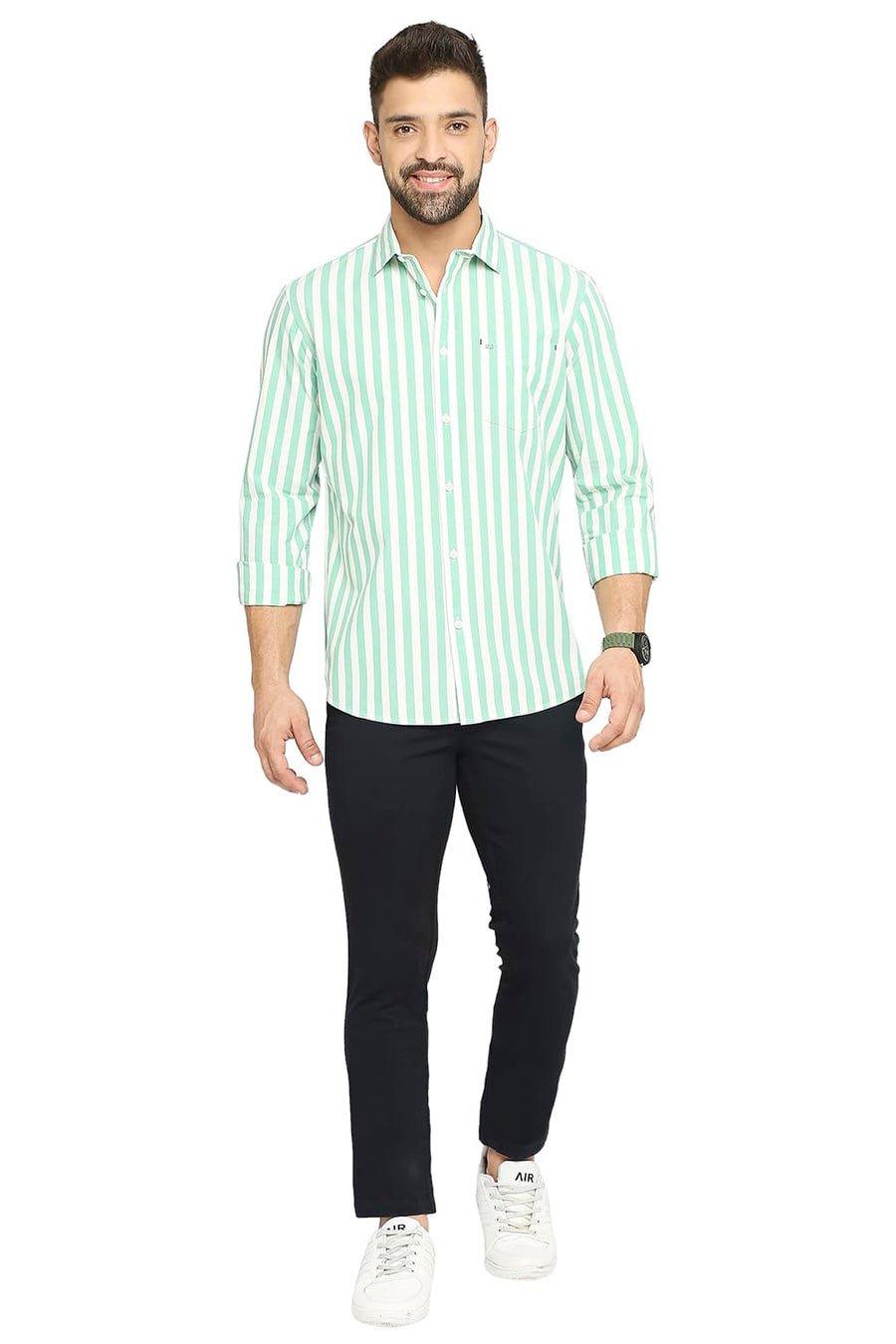 BASICS SLIM FIT CANTON GREEN COTTON STRIPE SHIRT