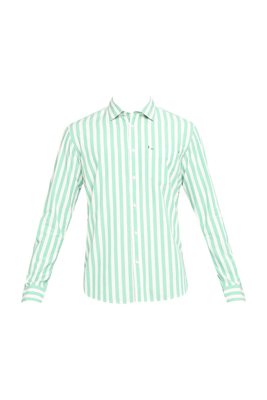 BASICS SLIM FIT CANTON GREEN COTTON STRIPE SHIRT