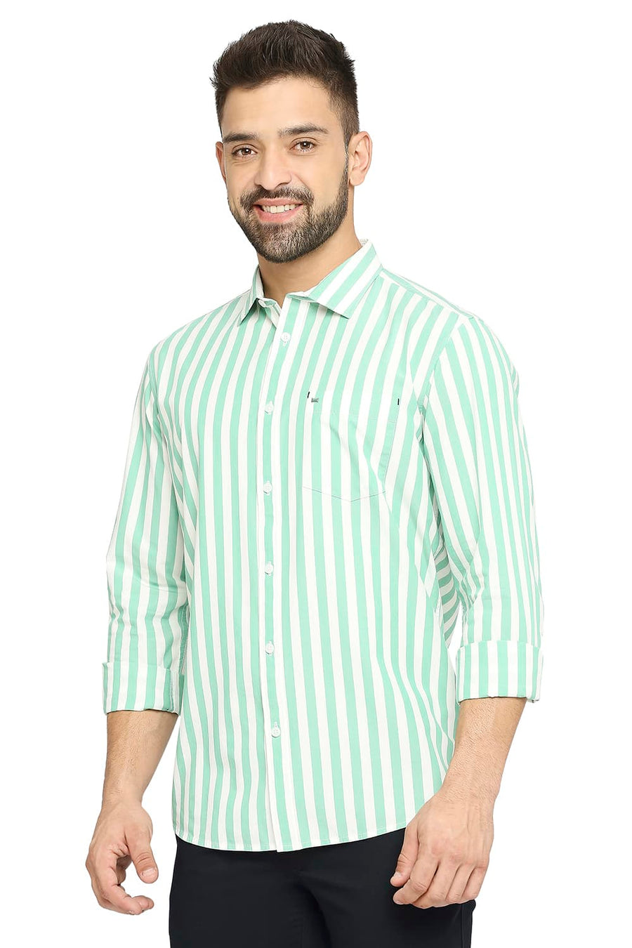BASICS SLIM FIT CANTON GREEN COTTON STRIPE SHIRT