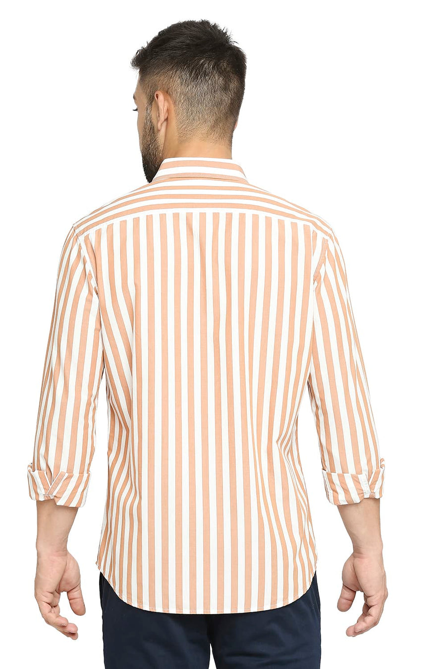 BASICS SLIM FIT RUST ORANGE COTTON STRIPE SHIRT