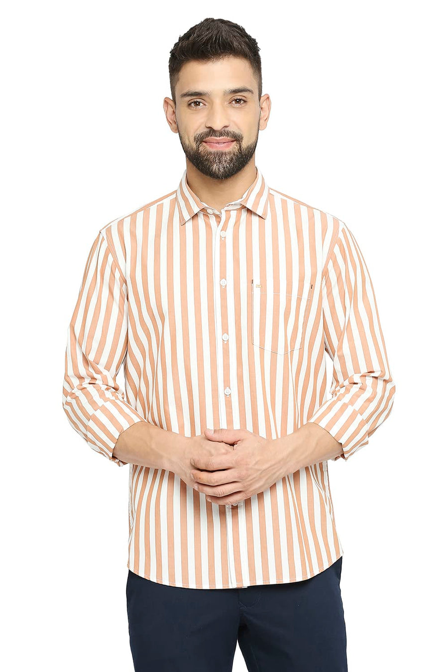 BASICS SLIM FIT RUST ORANGE COTTON STRIPE SHIRT