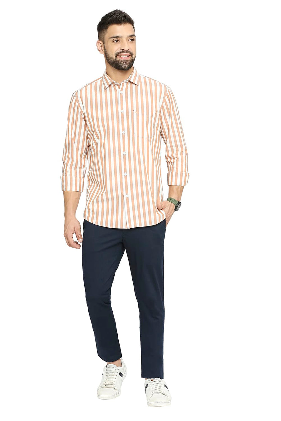 BASICS SLIM FIT RUST ORANGE COTTON STRIPE SHIRT