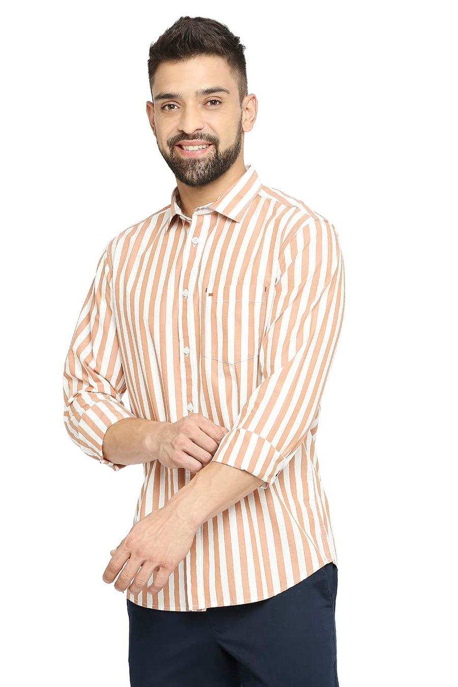 BASICS SLIM FIT RUST ORANGE COTTON STRIPE SHIRT