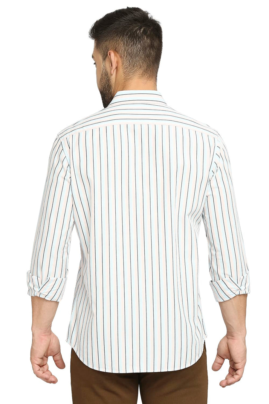 BASICS SLIM FIT CORYDALIS BLUE COTTON POLYESTER STRIPE SHIRT