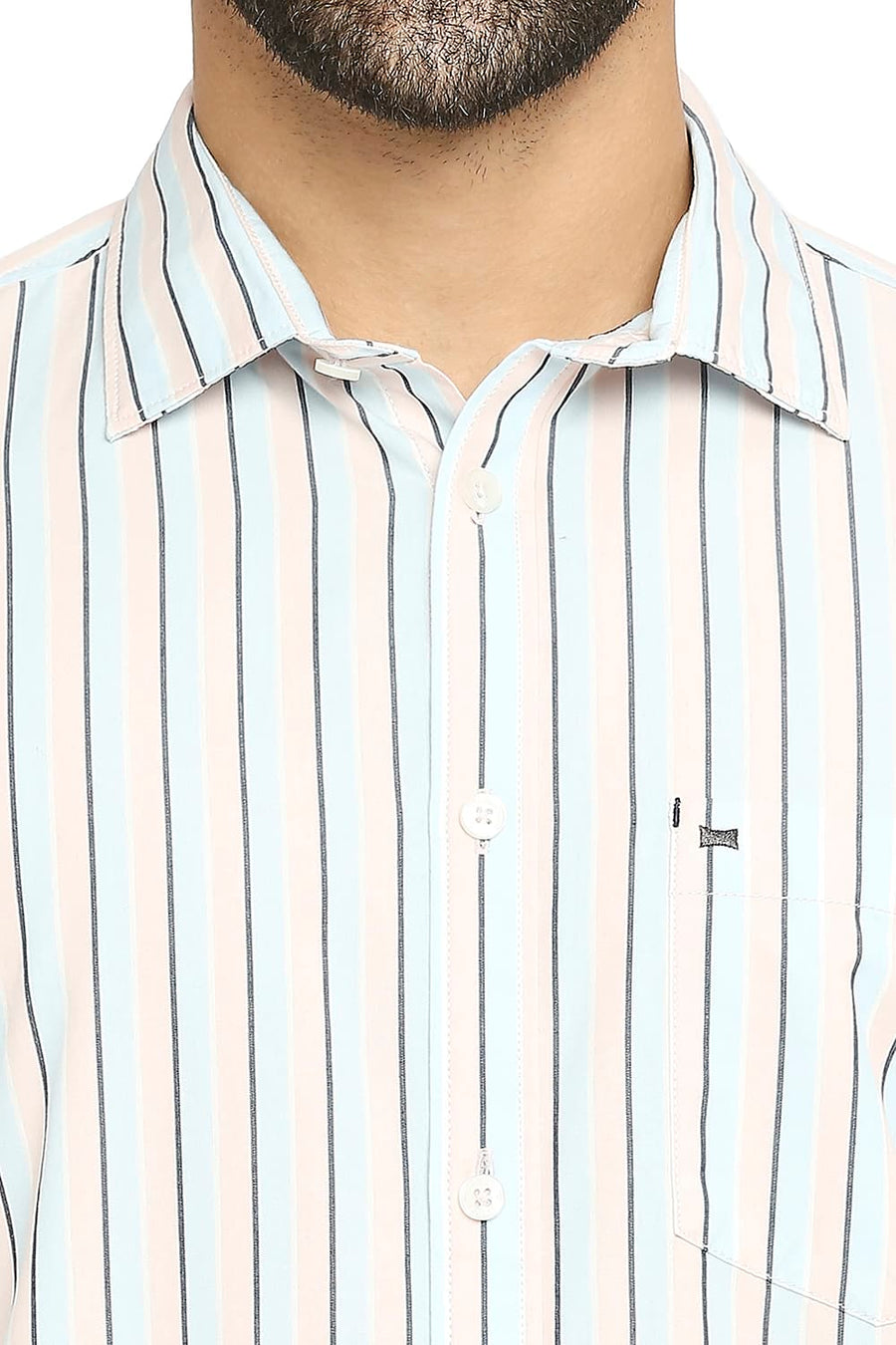 BASICS SLIM FIT CORYDALIS BLUE COTTON POLYESTER STRIPE SHIRT