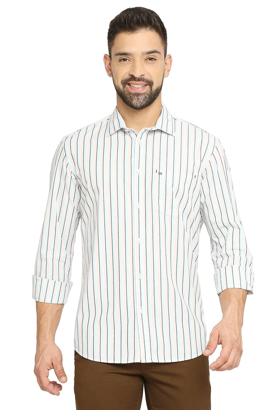 BASICS SLIM FIT CORYDALIS BLUE COTTON POLYESTER STRIPE SHIRT
